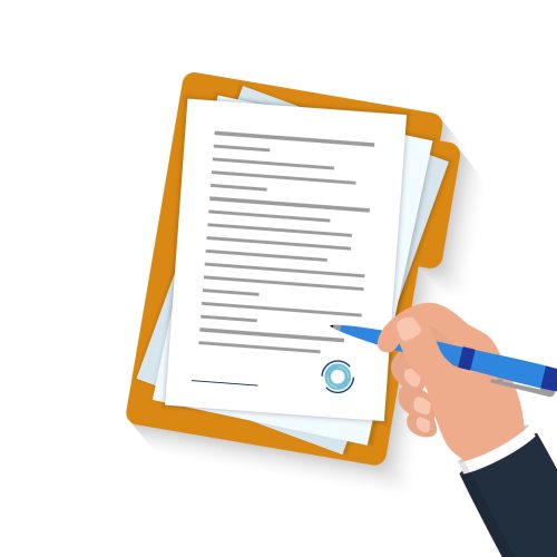 Contract or document signing. Businessman hand holding and signing business contract paper. Clipboard with sheet of paper and pen. Business concept, vector illustration.